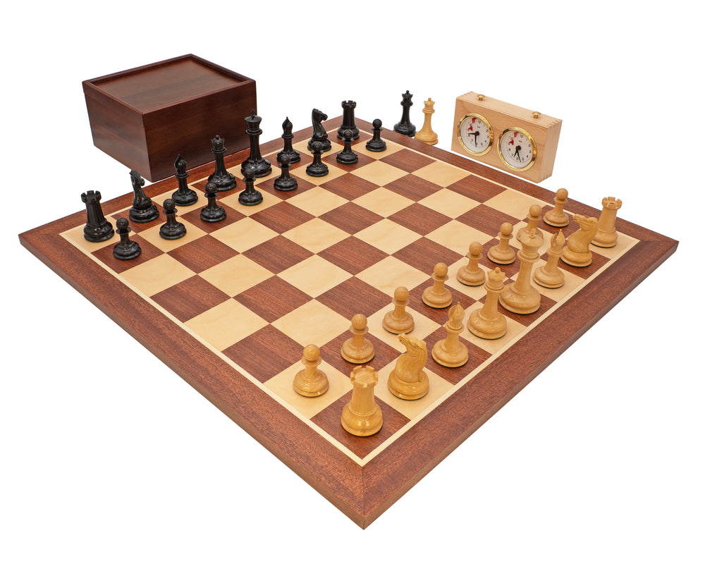 Juego de ajedrez de lujo — Edición limitada 1850 London en ébano y caoba, con estuche para piezas de ajedrez y reloj de ajedrez
