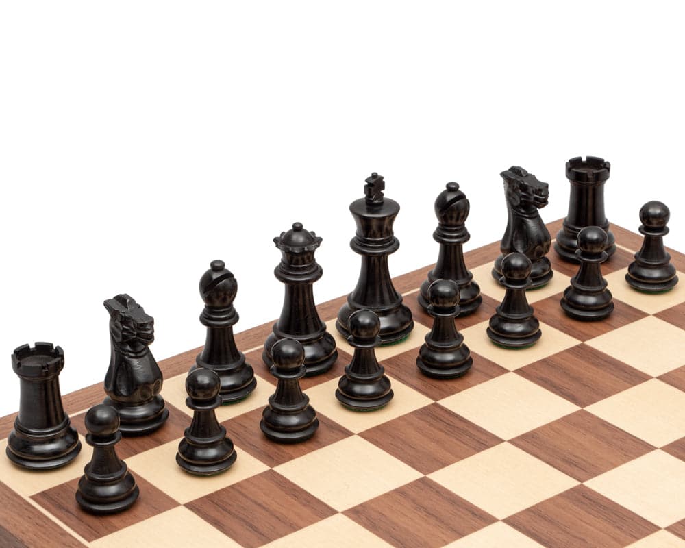 Competition Staunton Walnut Chess Set on a walnut and maple board with weighted pieces and 3 inch king