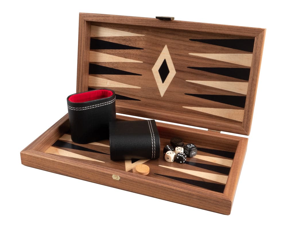 American Walnut Travel Size Backgammon and Chess Combination Set with Deluxe Philos Cups