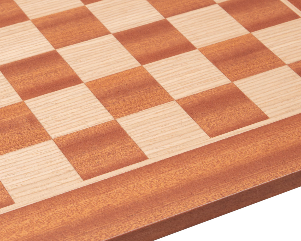 16 inch Manopoulos Mahogany Chess Board with Birch Veneers, featuring 1.57 inch playing squares, crafted in Greece, ideal for 3-3.25 inch king