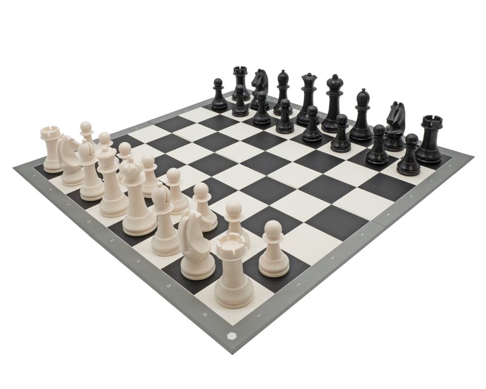 World Chess Championship Set - Academy Edition with premium plastic weighted chess pieces on a 17.5 inch foldable board designed by Daniel Weil.